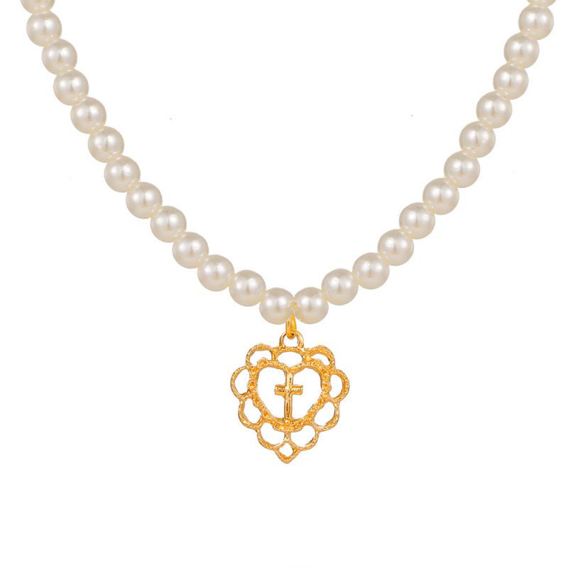 Fashion Gold Pearl Beads Love Cross Necklace