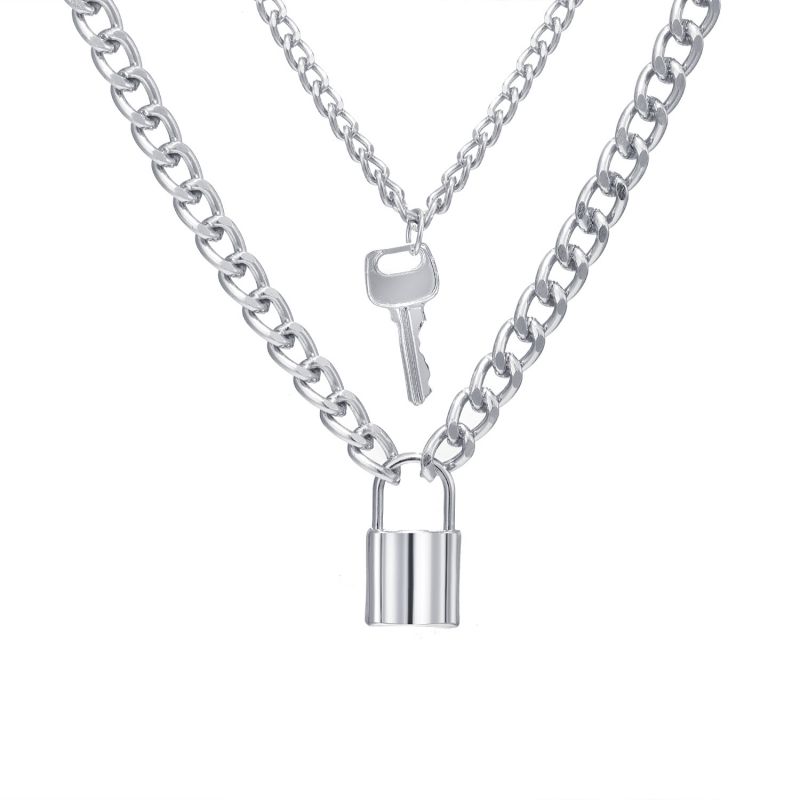 Fashion Silver Alloy Lock Key Double Layer Necklace