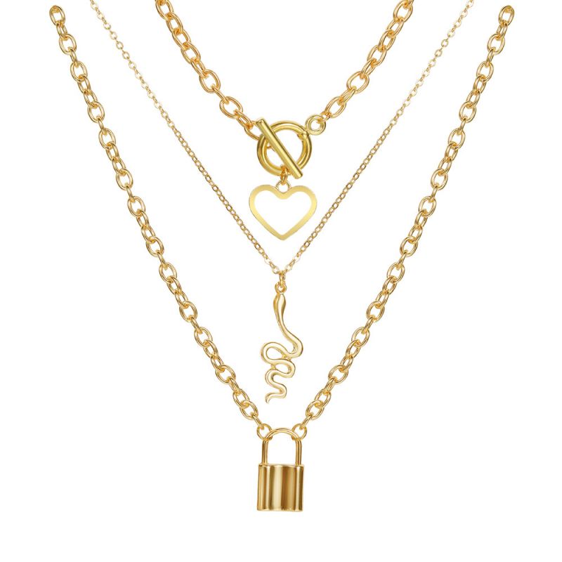Fashion Gold Alloy Lock-shaped Snake-shaped Love Multi-layer Necklace