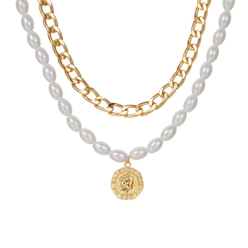 Fashion 2# Pearl Beaded Medallion Double Layer Necklace
