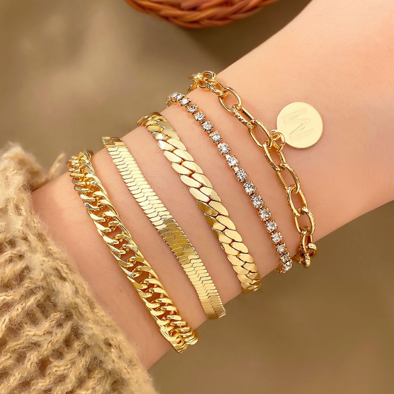 Fashion Gold Alloy Diamond Claw Chain Geometric Chain Bracelet Set