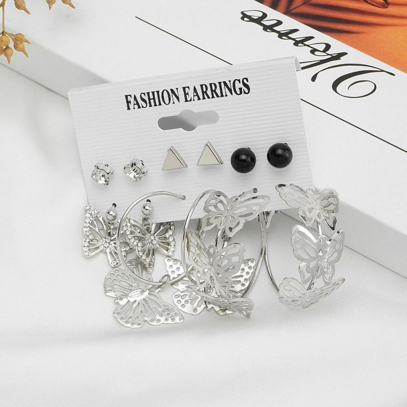 Fashion Silver Alloy Diamond Butterfly Earring Set