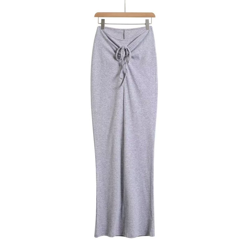 Fashion Light Grey Cotton Drawstring Lace-up Skirt