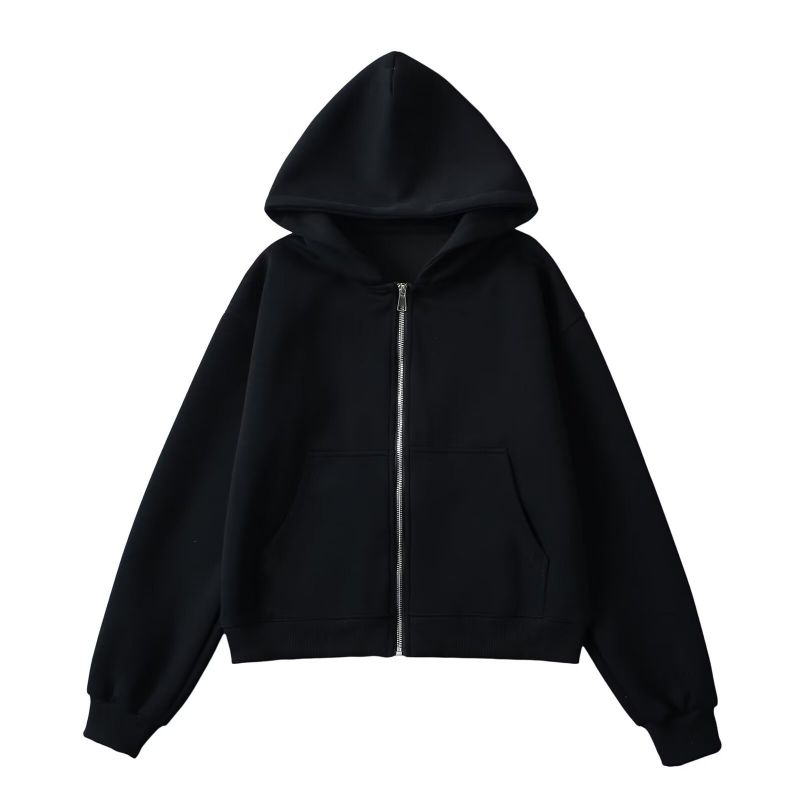 Fashion Black Cotton Zip-up Hooded Sweatshirt