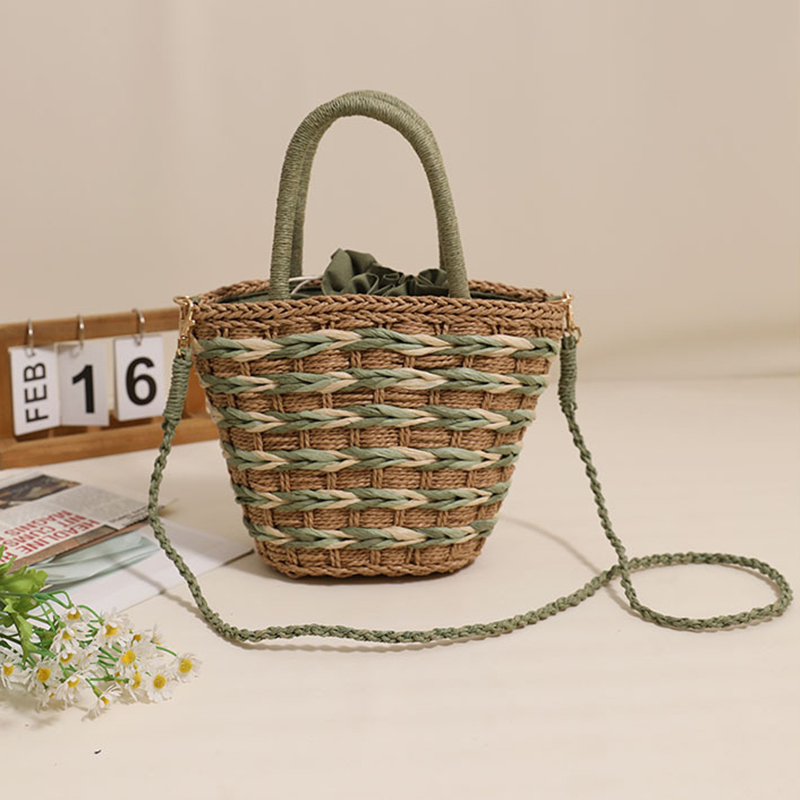 Fashion Color Crossbody Basket Green Straw Large-capacity Drawstring Crossbody Bag