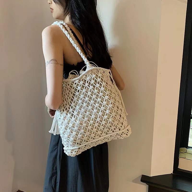 Fashion Cotton Double Tassel Rice + Inner Hollow Woven Shoulder Bag