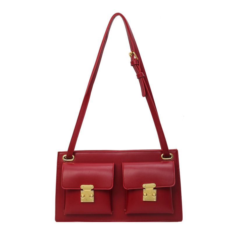 Fashion Red Pu Double Pocket Large Capacity Shoulder Bag