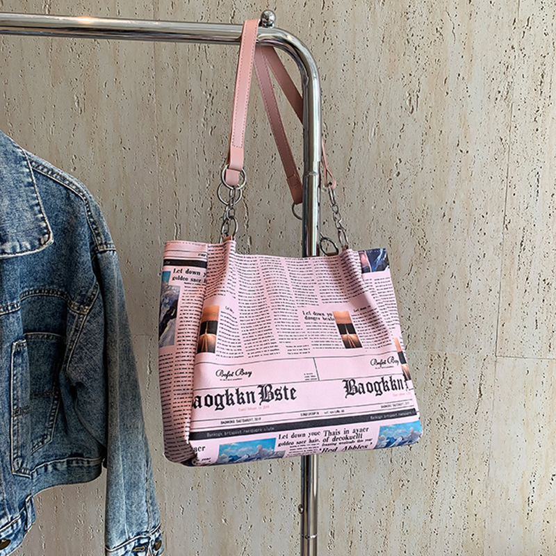Fashion Pink Pu Large Capacity Newspaper Shoulder Bag