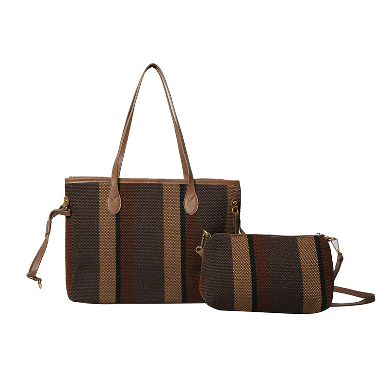 Fashion Chocolate Canvas Striped Large-capacity Shoulder Bag