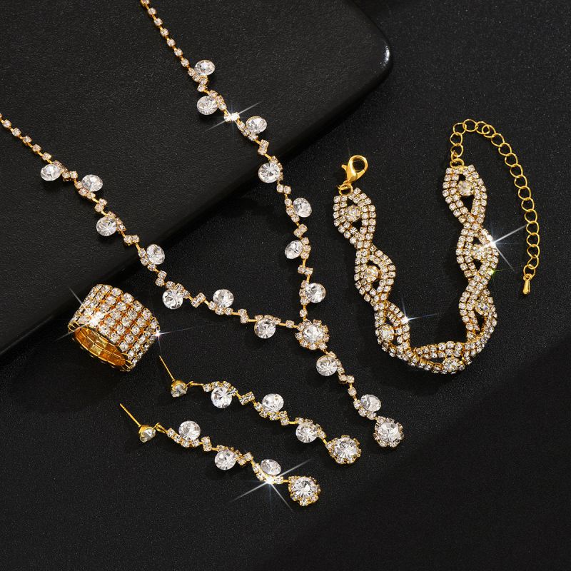 Fashion Gold Geometric Diamond Necklace Earrings Bracelet And Ring Set