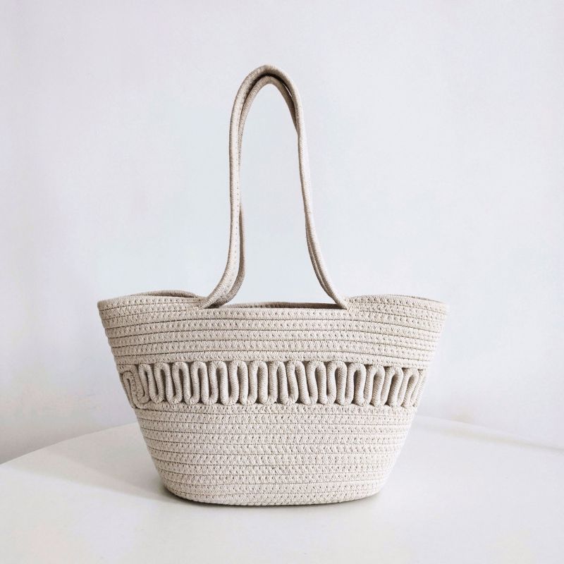 Fashion Off White Cotton Rope Woven Wave Pattern Large Capacity Shoulder Bag