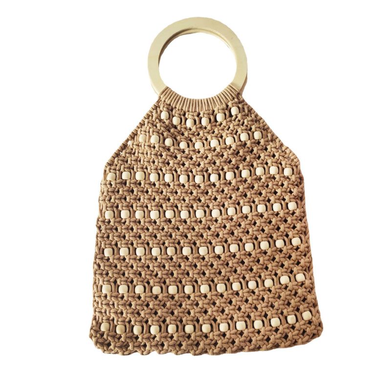 Fashion Brown Cotton Rope Hollow Woven Handbag