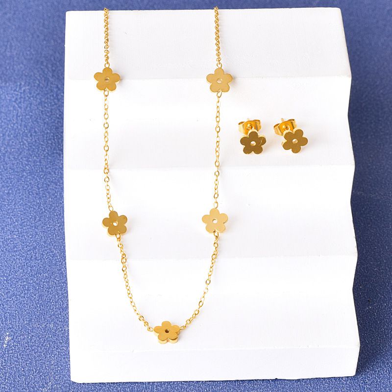 Fashion Flowers Set Of Two Stainless Steel Flower Necklace And Earrings Set