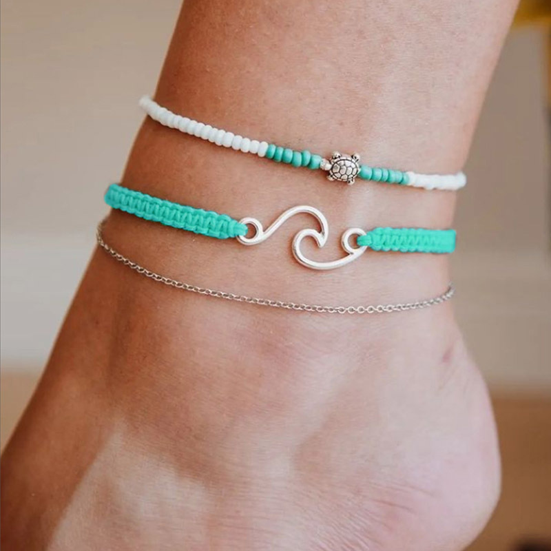 Fashion Silver Rice Beads Braided Anklet Set