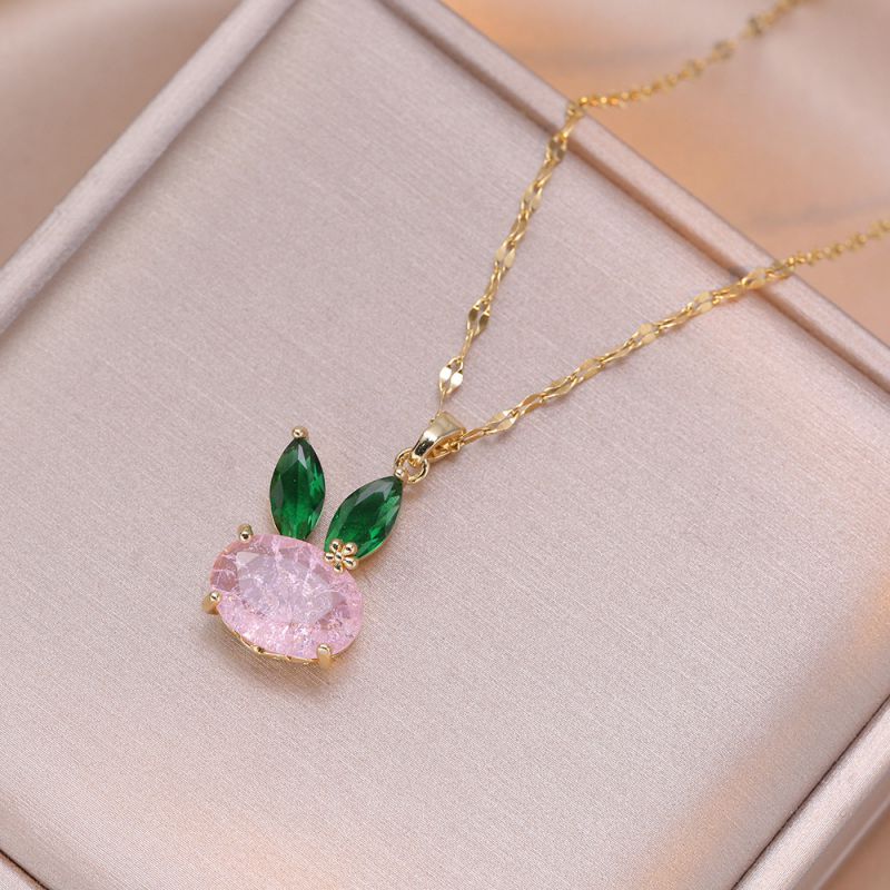 Fashion Pink Ice Flower Rabbit Titanium Steel Diamond Rabbit Necklace