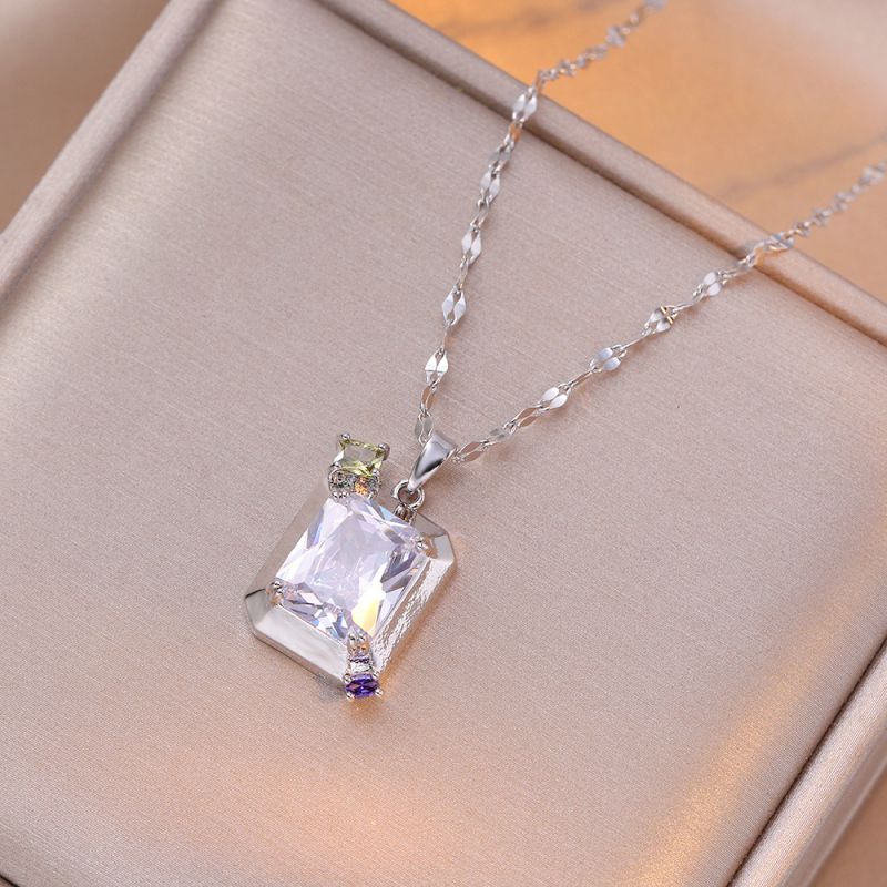 Fashion Silver Titanium Steel Diamond Square Necklace