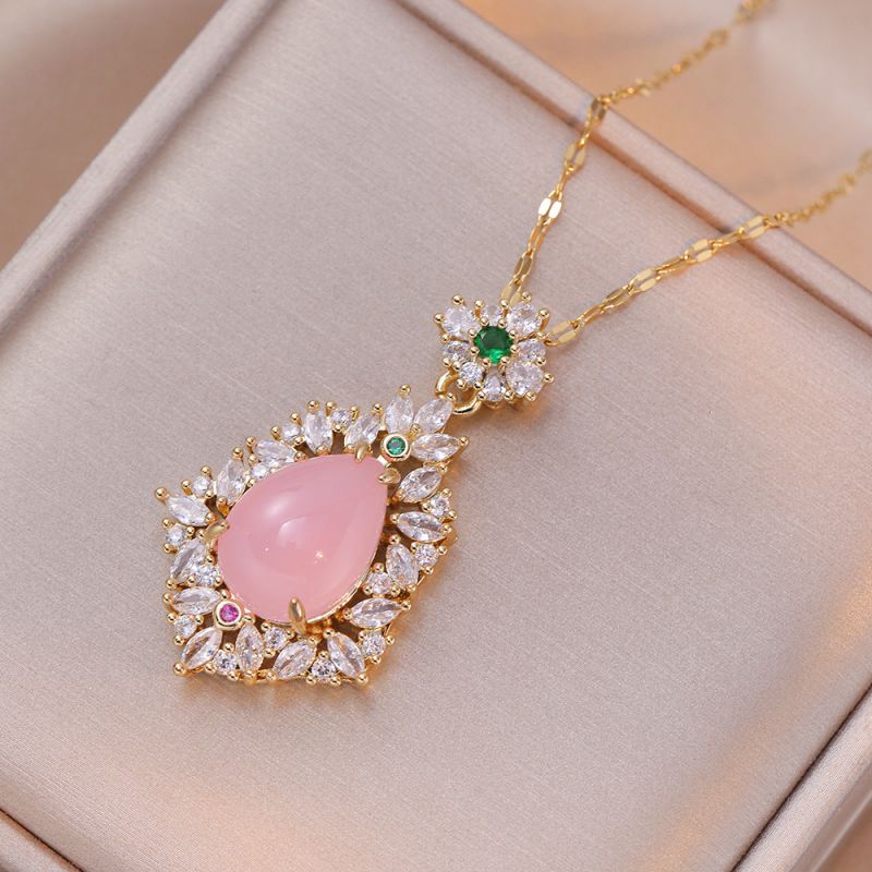 Fashion 2 Pink Necklace Titanium Steel Diamond Oval Necklace