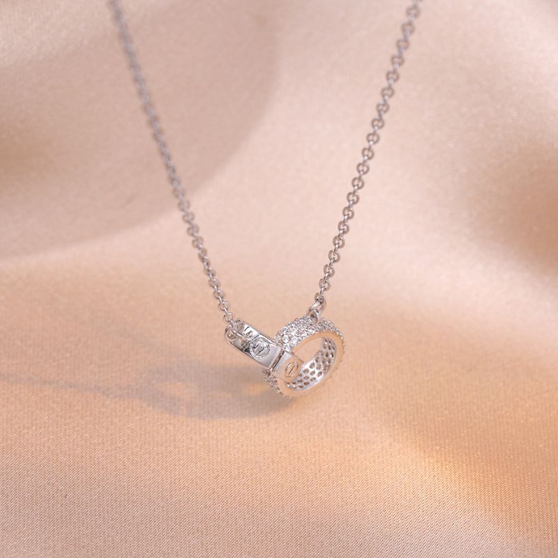 Fashion Silver Titanium Steel Diamond Double Ring Necklace