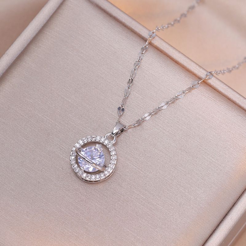 Fashion Silver Titanium Steel Diamond Round Necklace