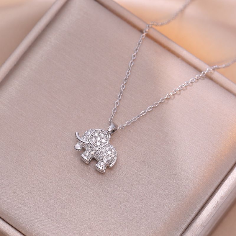Fashion Silver Titanium Steel Diamond Elephant Necklace