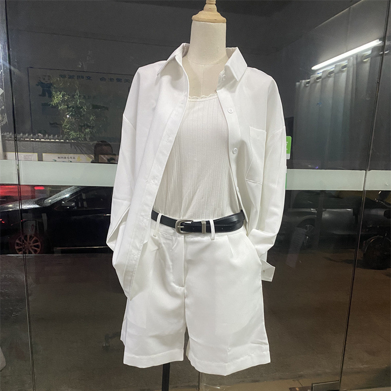 Fashion White (send Belt) Polyester Lapel Shirt Belt And Shorts Set