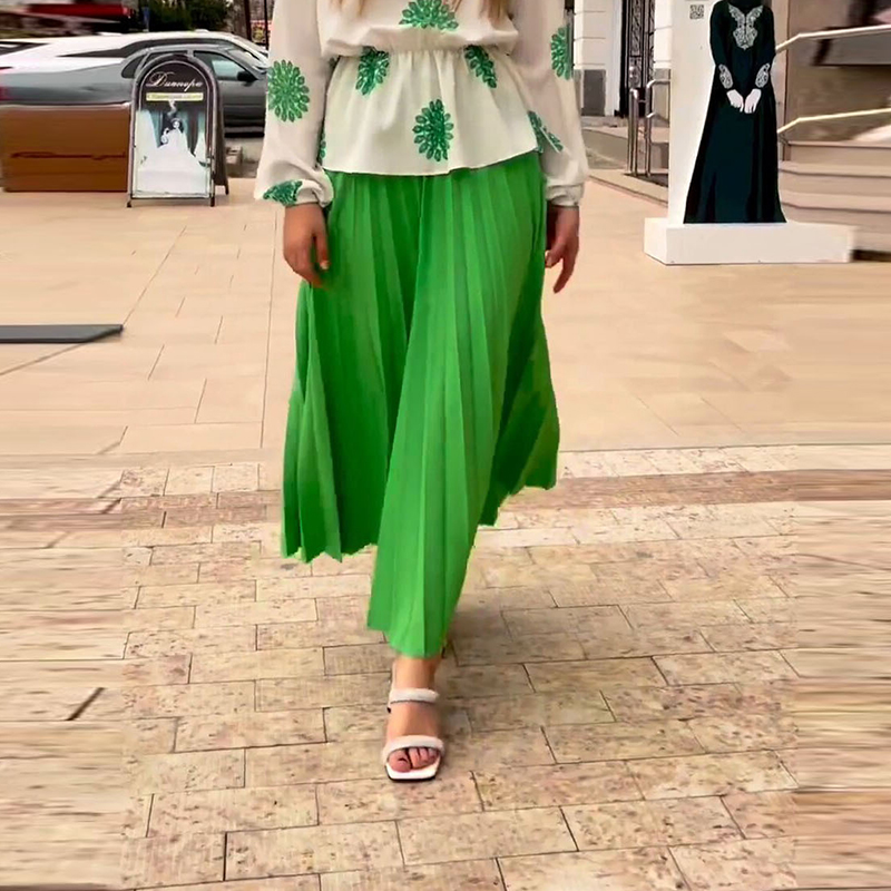 Fashion Green Skirt (single Piece) Polyester Pleated Skirt
