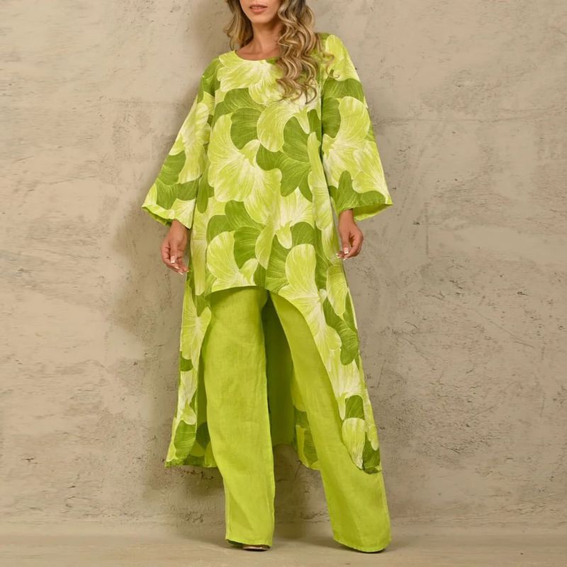 Fashion Yellow-green Polyester Printed Irregular Top And Trousers Suit