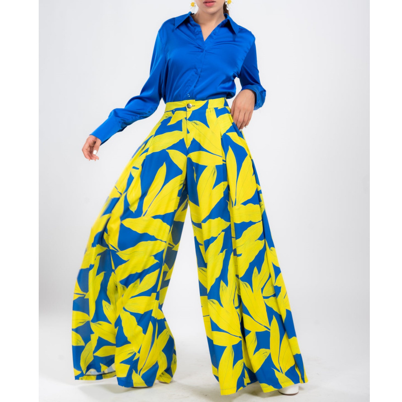 Fashion Blue Top + Yellow Printed Wide-leg Pants Polyester Printed Shirt Wide Leg Pants Suit