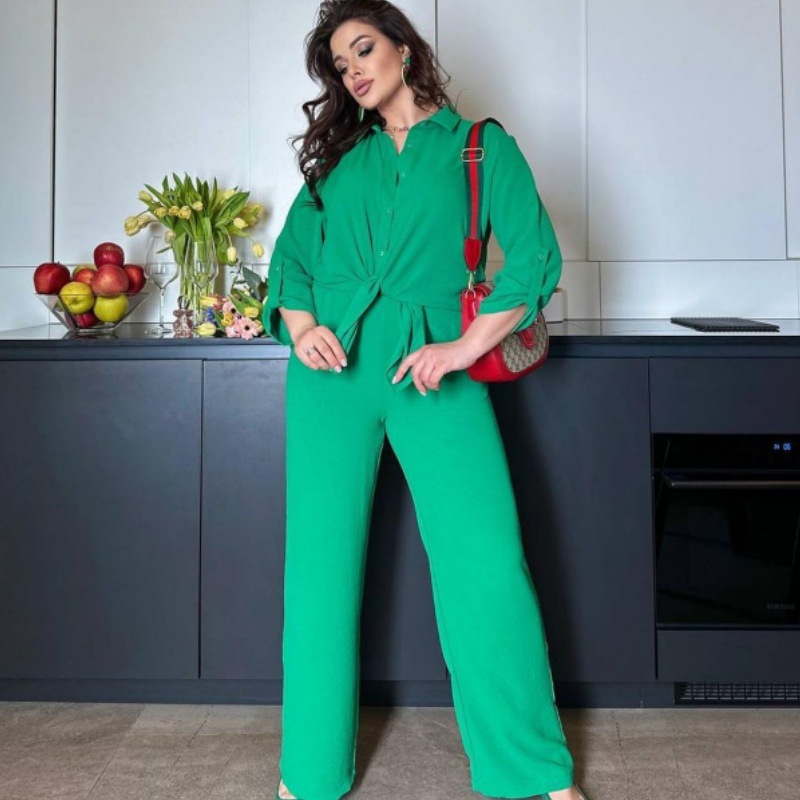 Fashion Green Polyester Button-down Shirt And Wide-leg Pants Suit