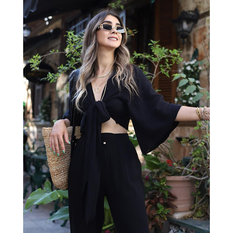 Fashion Lace-up Ruffled Black Suit Bell-sleeved Lace-up Shirt And High-waisted Straight-leg Pants Suit