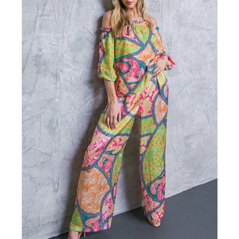Fashion Color Printed Off-shoulder Top High-waisted Wide-leg Pants Suit