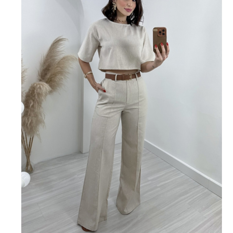 Fashion Lime White Cotton And Linen Round Neck Short-sleeved High-waisted Trousers Suit