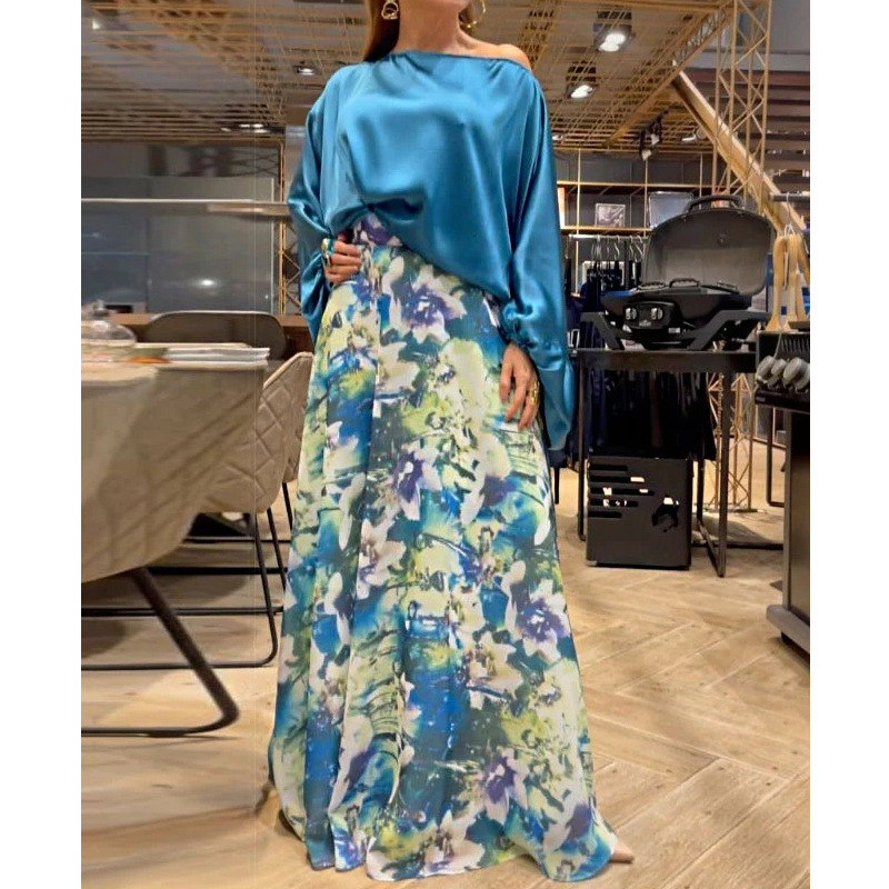 Fashion Blue Top + Printed Skirt Suit Polyester Long Sleeve Top High Waist Printed Skirt Suit