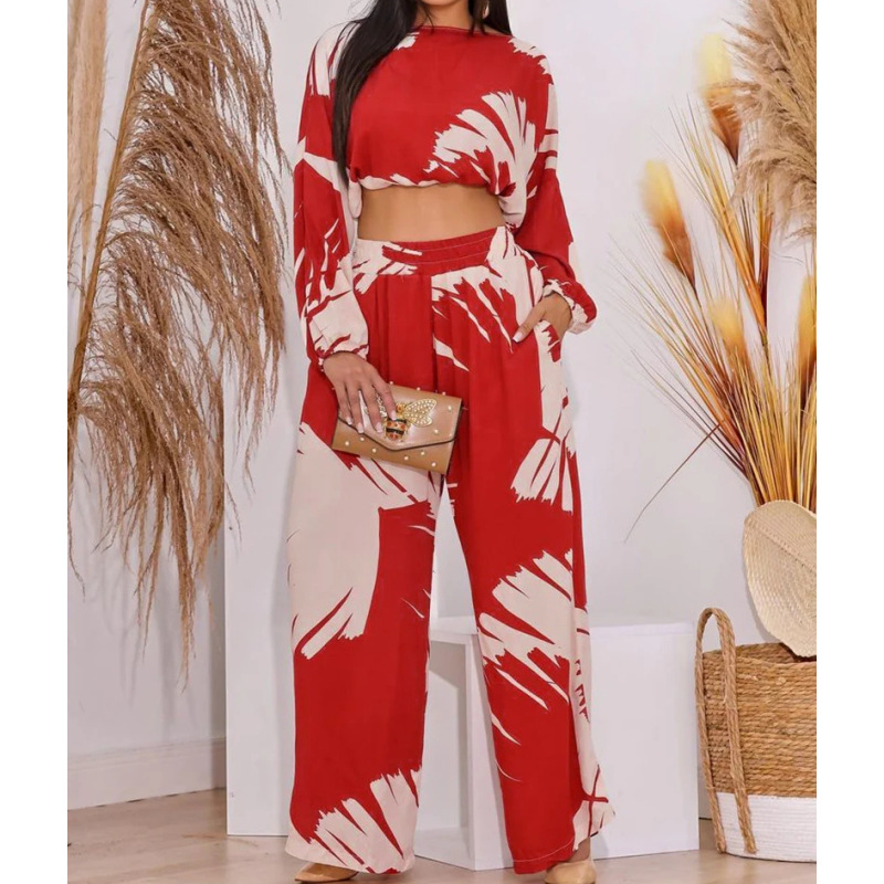 Fashion Red Print Printed Crew Neck Top High Waisted Wide Leg Pants Two-piece Set