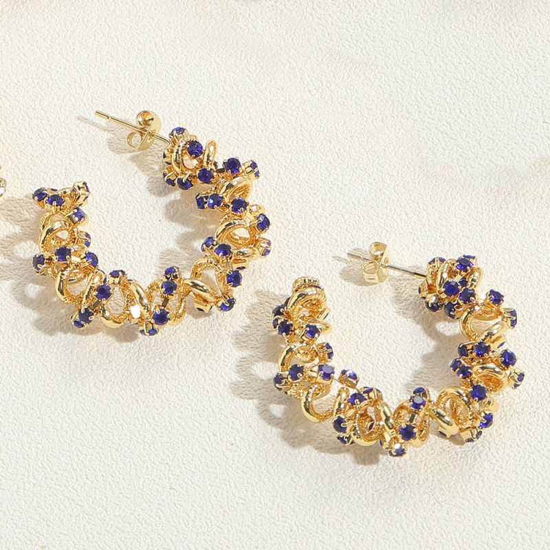 Fashion Royal Blue Gold-plated Copper C-shaped Earrings With Diamonds