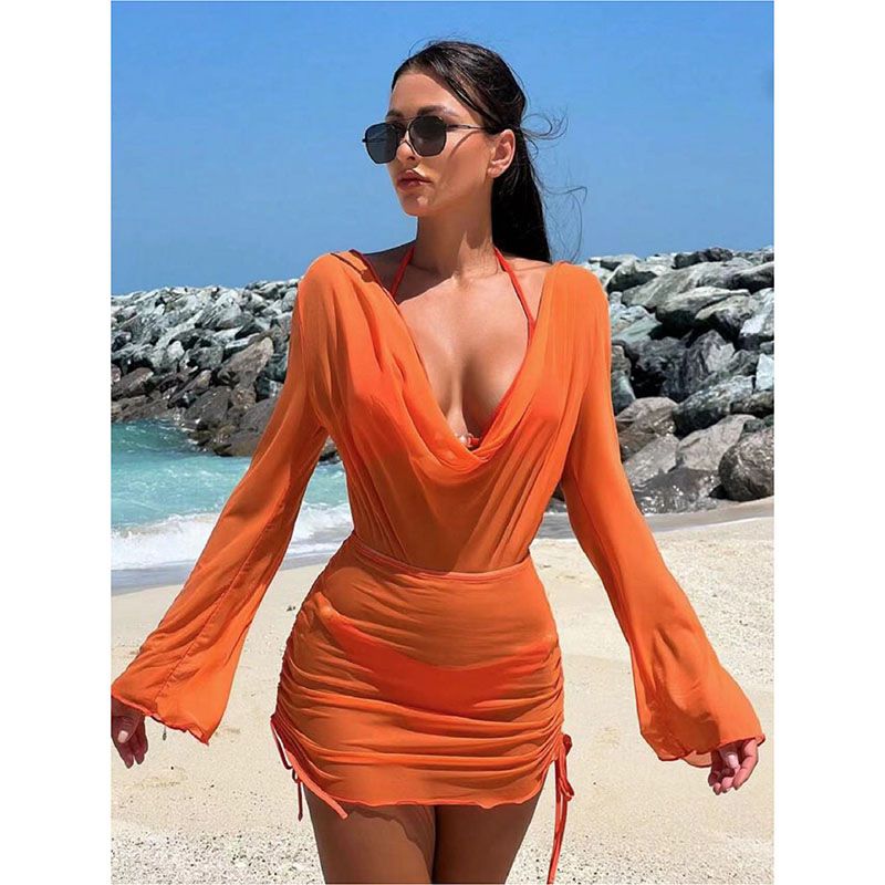 Fashion Orange Red Polyester Mesh Halterneck Lace-up Split Swimsuit Bikini Cover-up Three-piece Set