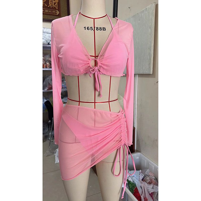 Fashion Peach Polyester Halterneck Lace-up Two-piece Swimsuit Bikini Cover-up Four-piece Set