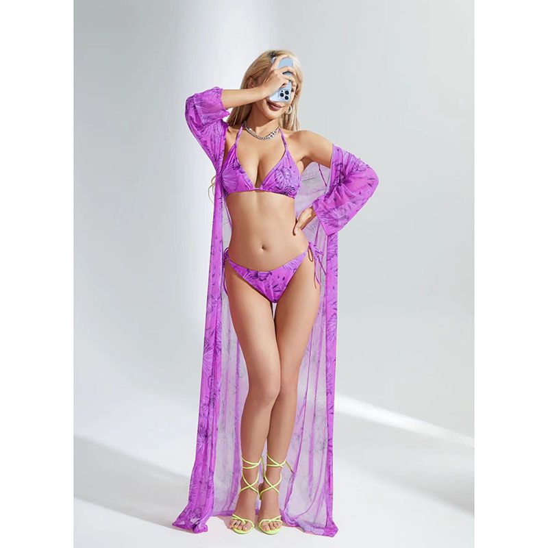 Fashion Dark Violet Hollow Halter Neck Split Swimsuit Bikini Cover-up Three-piece Set
