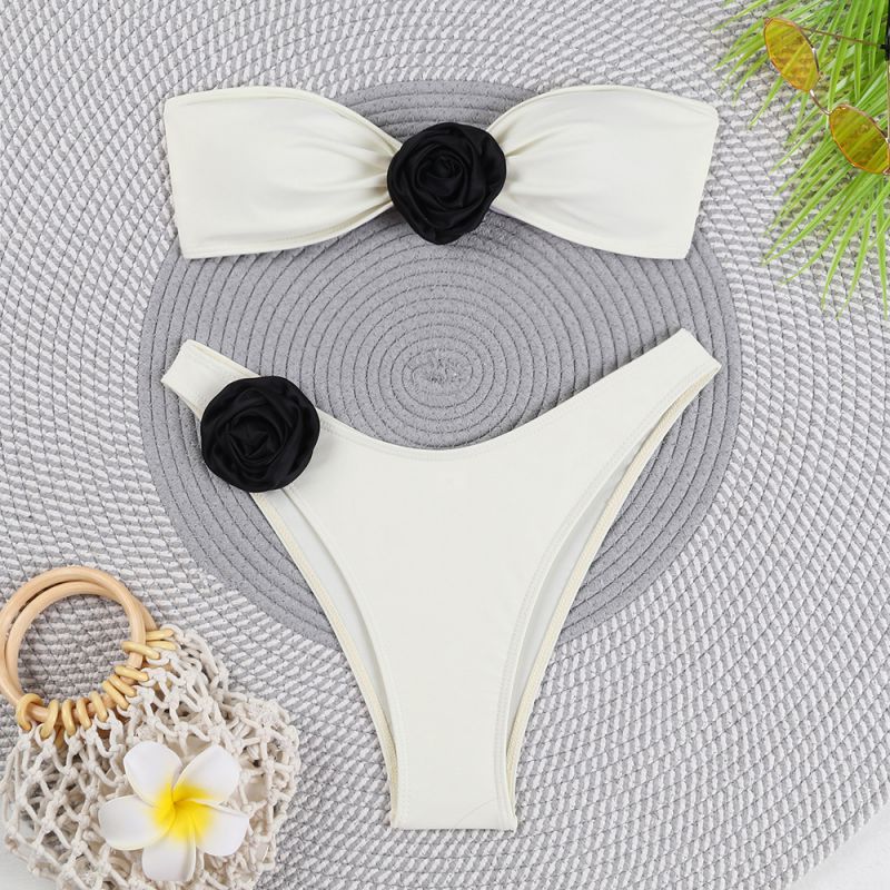 Fashion Ds Beige + Black Flower Nylon Flower One-piece Swimsuit Bikini