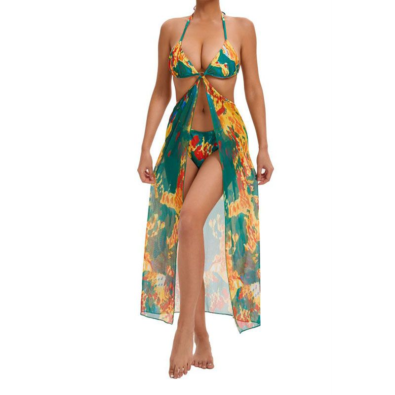 Fashion Ocean Green Polyester Printed Halterneck Tankini Swimsuit Bikini