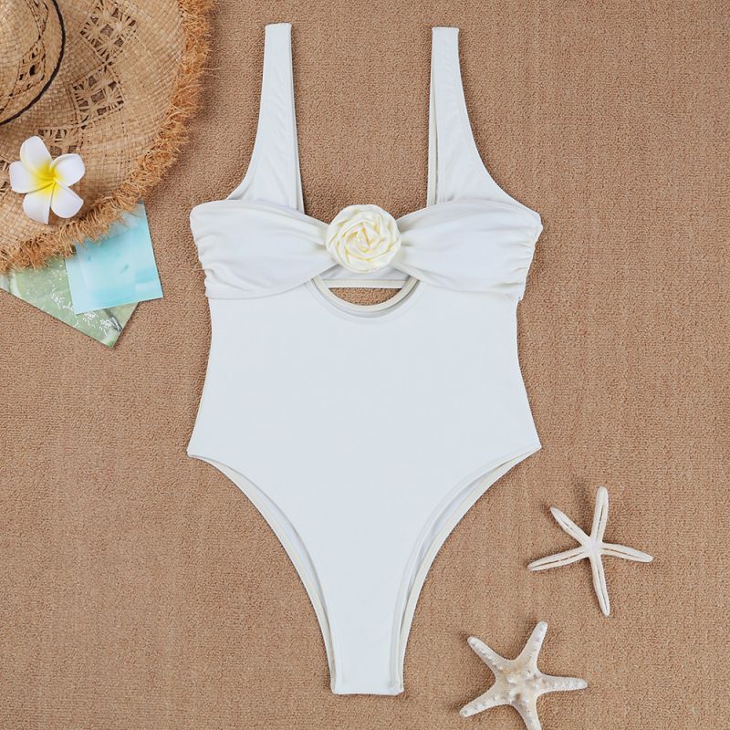 Fashion White Nylon Three-dimensional Flower Hollow One-piece Swimsuit