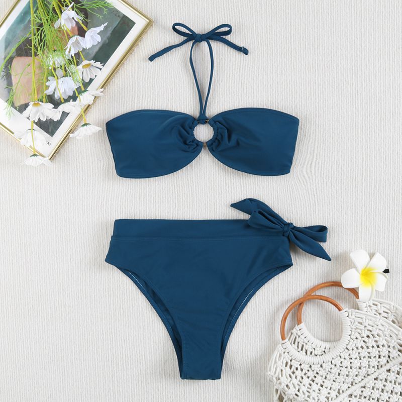 Fashion Sea ??blue Polyester Halterneck Lace-up One-piece Swimsuit Bikini