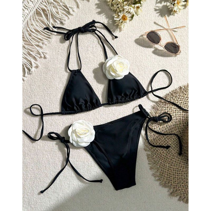 Fashion Black Nylon Halterneck Lace-up Floral One-piece Swimsuit Bikini