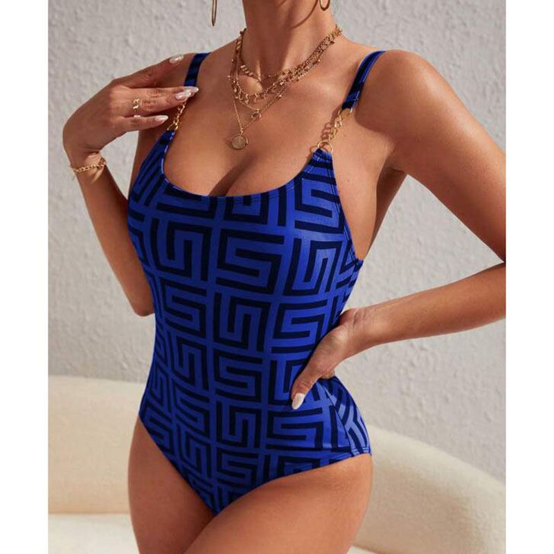 Fashion Blue Polyester Printed One-piece Swimsuit