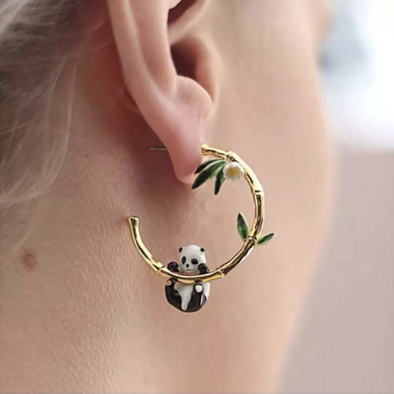 Fashion Gold Copper Panda Bamboo Oil Drop Earrings