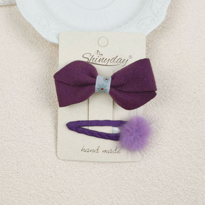Fashion Purple Fur Ball Fabric Bow Pleated Plaid Children's Hair Clip