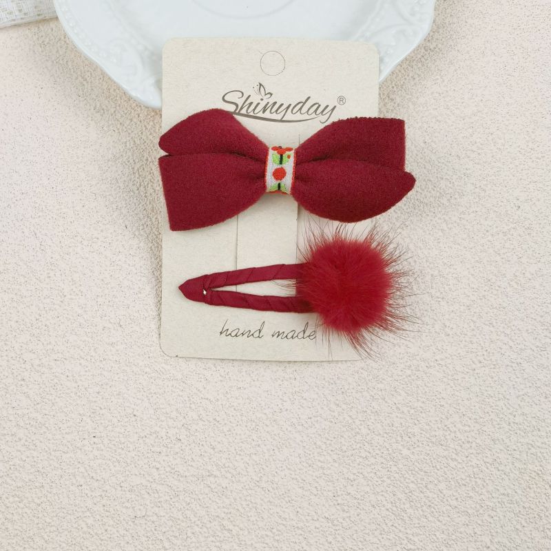 Fashion Red Fur Ball Fabric Bow Pleated Plaid Children's Hair Clip
