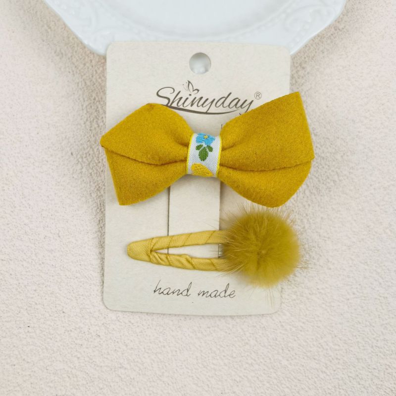 Fashion Yellow Fur Ball Fabric Bow Pleated Plaid Children's Hair Clip
