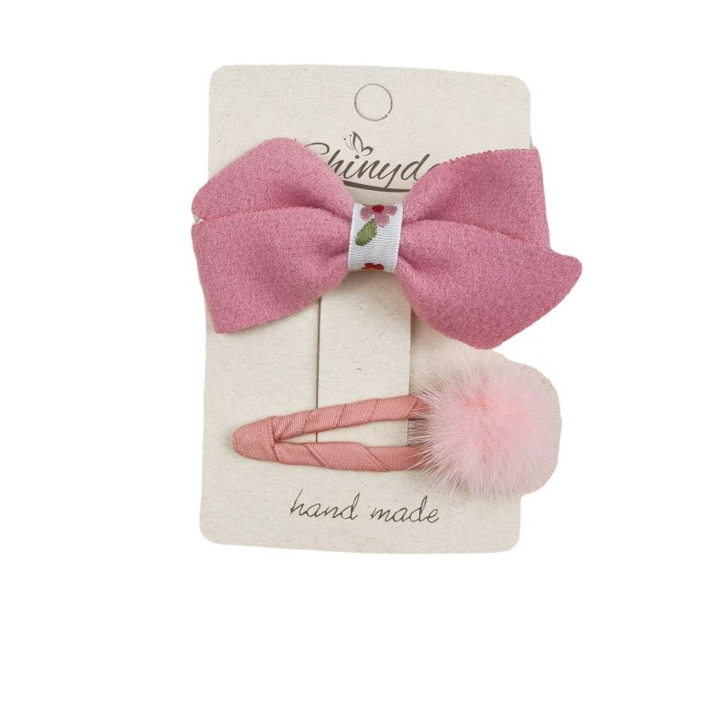 Fashion Pink Fur Ball Fabric Bow Pleated Plaid Children's Hair Clip