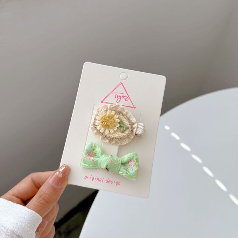 Fashion 4# Green Flower Clip Embroidered Bow Children's Hair Clip